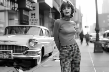 Retro Chic: Stylish Young Woman in Vintage Fashion on a Classic City Street