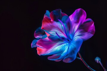 Artistic lighting brings out the dramatic blue and purple hues of a geranium flower in this intense, captivating image