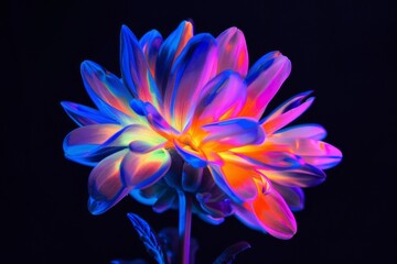 A stunning close-up of a dahlia flower enhanced with vibrant neon colors against a dark background highlighting its beauty