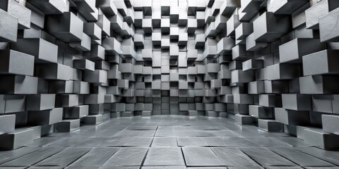 A large room with gray blocks on the walls and floor - stock background.