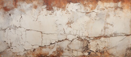 A detailed shot of a weathered brown wall covered in white paint, resembling the texture of wood flooring. The cracked surface resembles natural landscape with rocklike features