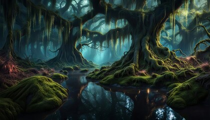 A fantasy forest with moss hanging from the trees and a swampy watery ground. 