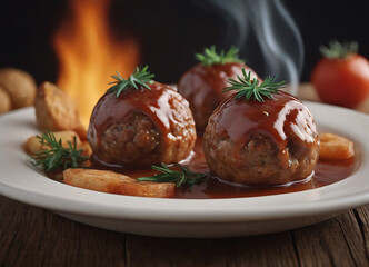 Fototapeta na wymiar meatballs with melted tomato sauce on a plate with a blury background