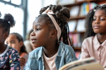 Obraz premium Imagination ignited: School children entranced by a captivating story during library time, fostering a love for literature