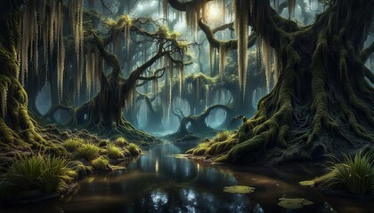 A fantasy forest with moss hanging from the trees and a swampy watery ground.  - obrazy, fototapety, plakaty