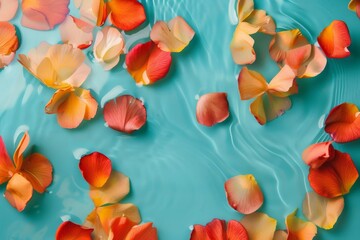 Aesthetic composition of delicate flower petals dispersed evenly across reflective turquoise water