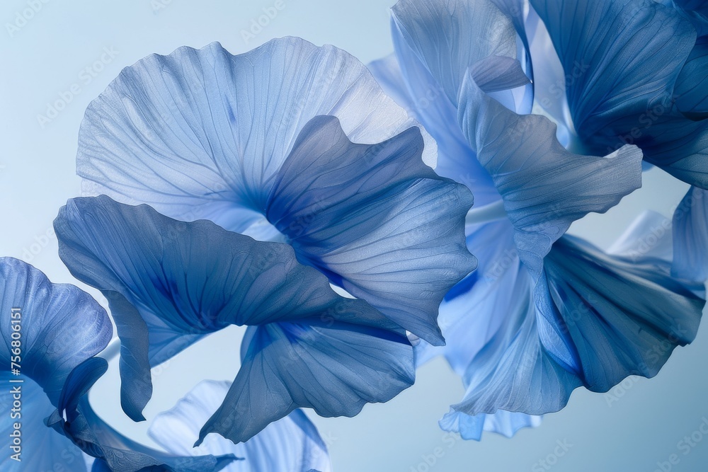 Aufkleber This close-up image captures the intricate details of overlapping petals in varying shades of blue with a translucent quality against a white backdrop