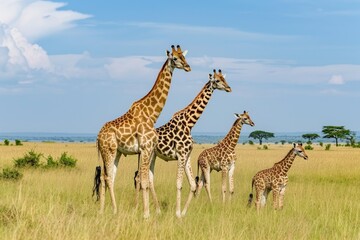 Family Of Giraffes Grazing On The Savannah