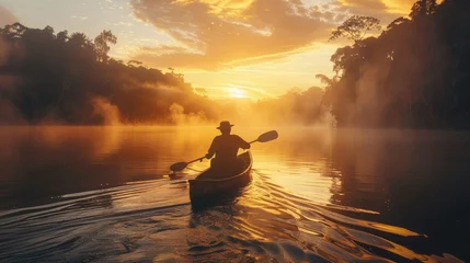 Fotobehang painting a man paddling a canoe down a river. Travel and adventure lifestyle with outdoor © Ilmi