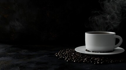 Morning coffee cup with plate and fresh aroma beans, copy space for text placement
