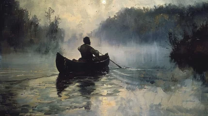 Foto op Canvas painting a man paddling a canoe down a river. Travel and adventure lifestyle with outdoor © Ilmi