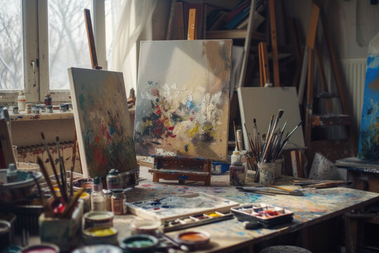 Creative Chaos: An Artist's Studio Brimming with Paintings and Art Supplies
