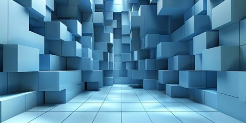 A blue room with many blue cubes - stock background.