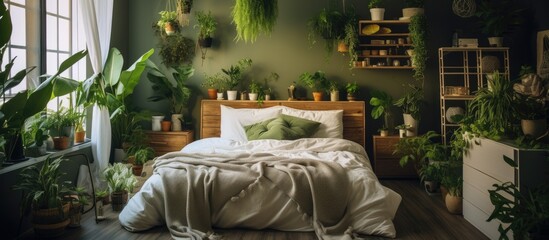 Potted plants in a well-lit room with a poster above the bed.