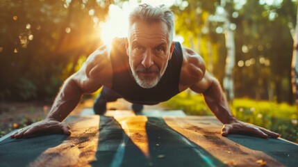 A mature man shows dedication while doing pushups in a natural outdoor setting during sunset