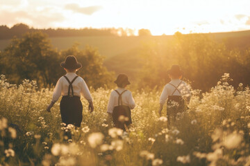 Children Exploring the Countryside in Wildflower Meadows at Sunset