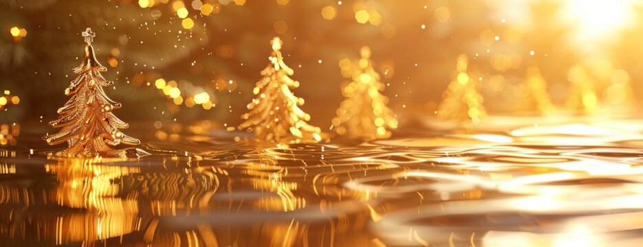 render of golden christmas trees on liquid background Generative AI