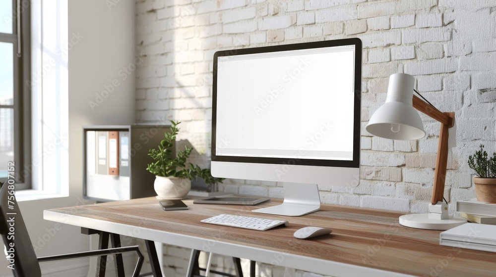 Poster A sleek and tidy home office setup featuring a modern computer on a wooden desk with stylish accessories