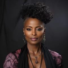 Foto op Plexiglas Image of a poised mature black woman flaunting a fishtail braid hairstyle, photographed in a studio setup against a gray backdrop © Денис Никифоров
