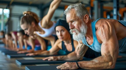 A group fitness session with people performing planks focused on a senior man