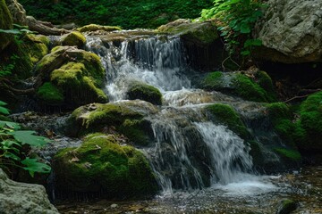 Gentle Waterfall Flowing Through Mossy Rocks