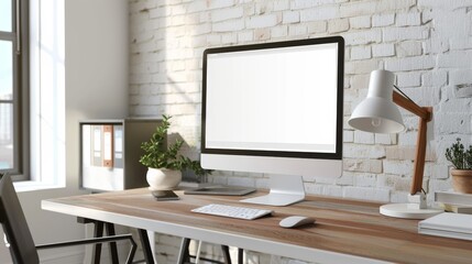 Fototapeta premium A sleek and tidy home office setup featuring a modern computer on a wooden desk with stylish accessories