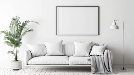 A modern, simplistic living room showcasing a white couch with pillows and an elegant framed wall art