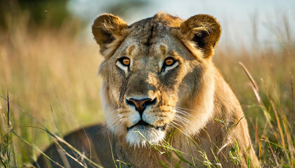 Obraz premium A wildlife photographer capturing a close-up shot of a majestic lioness in the African savannah, as she prowls through tall grass with focused determination