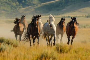 Group Of Wild Horses Galloping Across A Meadow