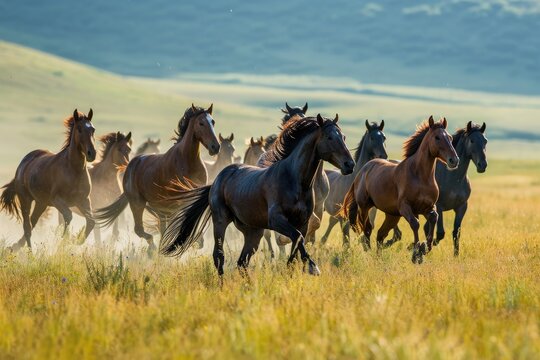 Group Of Wild Horses Galloping Across A Meadow