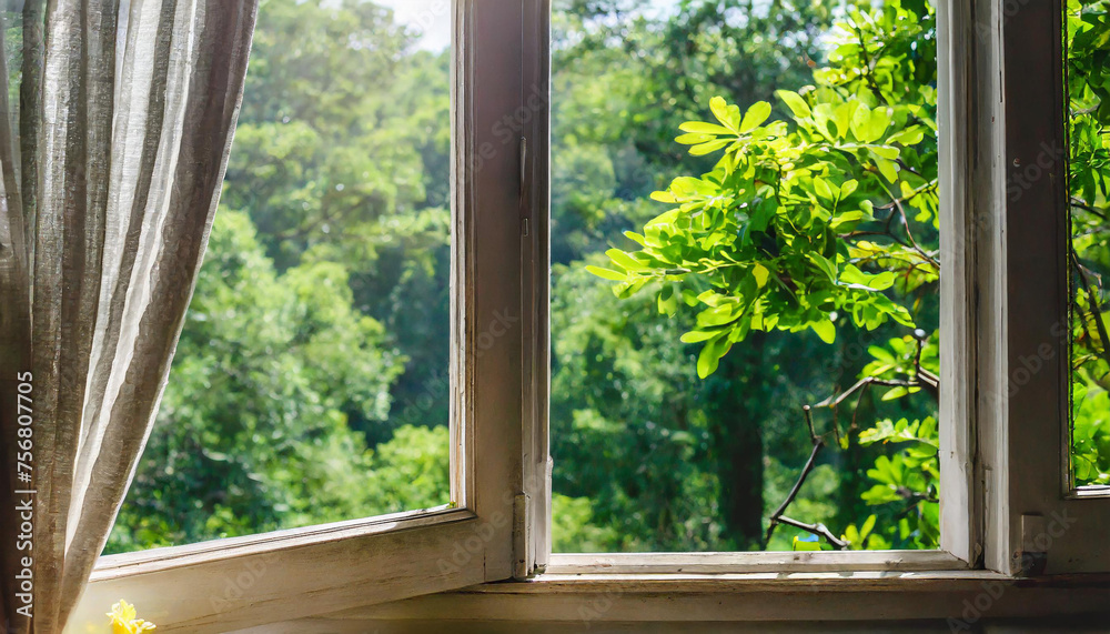 Wall mural an open window frames a lush green forest, inviting the outside in