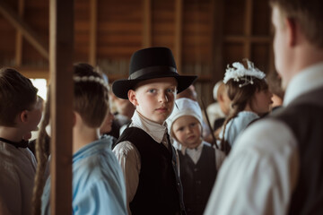 Young Boy in Traditional Amish Attire with a Pensive Expression at a Community Gathering - obrazy, fototapety, plakaty