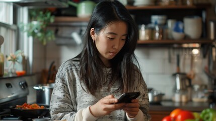 A contemplative woman uses her phone amidst a well-appointed kitchen, with fresh ingredients nearby
