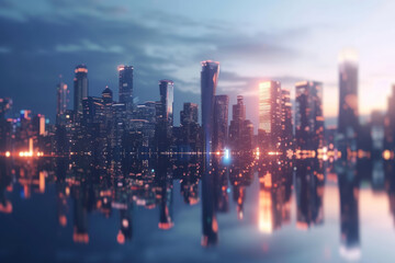 Fototapeta na wymiar Twilight Glow Reflecting on Urban Skyline in Tranquil Waterscape