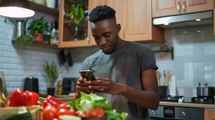 A young adult male stands amidst a modern kitchen, engrossed in his smartphone, surrounded by fresh vegetables