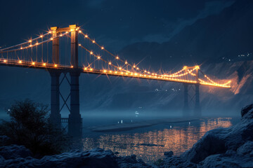 Nocturnal Elegance: Illuminated Suspension Bridge against a Starry Sky at Night