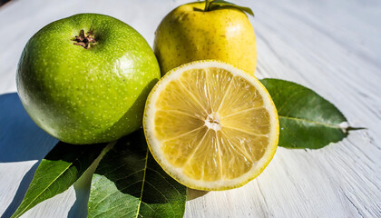 Pencil sketch of fruit and leaves on white background