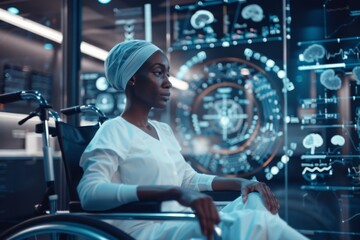 Middle-aged woman with cancer wearing head scarf sits in a wheelchair in a hospital. Created with technology.