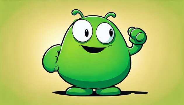 A green blob monster pointing on a plain simple background. 