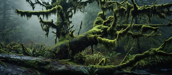 A fallen tree lies in a lush green forest, surrounded by mosscovered terrestrial plants and grass....
