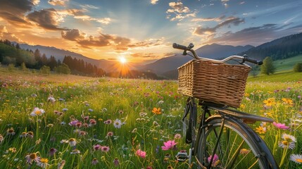 Bicycle in colorful wildflowers in a green meadow, mountain background, at sunset. Relax with nature