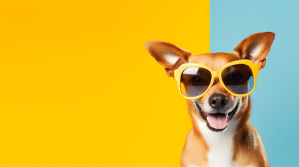 Photo of a small dog photographed with a yellow sunglasses on a vibrant half blue, half yellow background