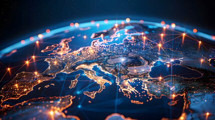 Digital world globe centered on Europe, concept of global network and connectivity on Earth, data transfer and cyber technology, information exchange and international telecommunication