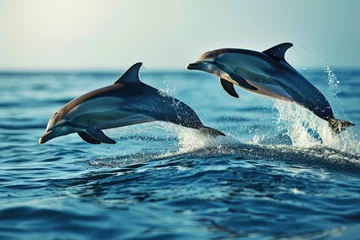 Foto op Plexiglas Pair Of Dolphins Leaping Gracefully In The Ocean © SaroStock