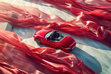 Red Sports Car Unveiling with Dynamic Silk Fabric in an Artistic Display