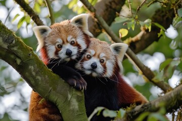 Pair Of Red Pandas Playing In The Trees