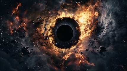A dramatic image of a black hole surrounded by glowing gas and dust, 