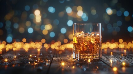 Soothing whiskey glass with ice on dark blurred background, space for text placement