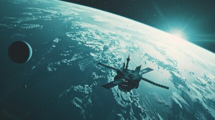 A futuristic image of a space station orbiting a distant planet, 
