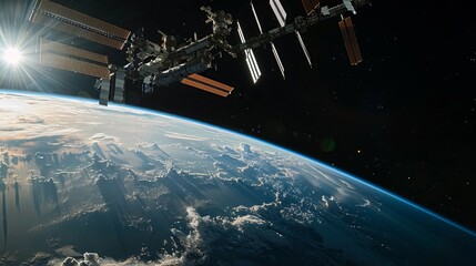 A serene image of the International Space Station (ISS) orbiting above the Earth,